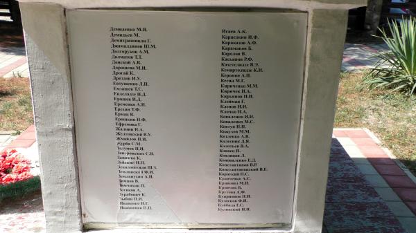 Список имен погибших. Памятник солдатам, сражавшимся в ВОВ. Мысхако Новороссийск