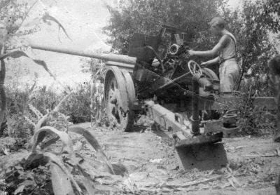 Солдат вермахта у поврежденного 76-мм дивизионного орудия под Новороссийском.