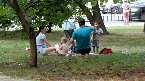 Отдых всей семьей на газоне в сквере Пушкина в Новороссийске